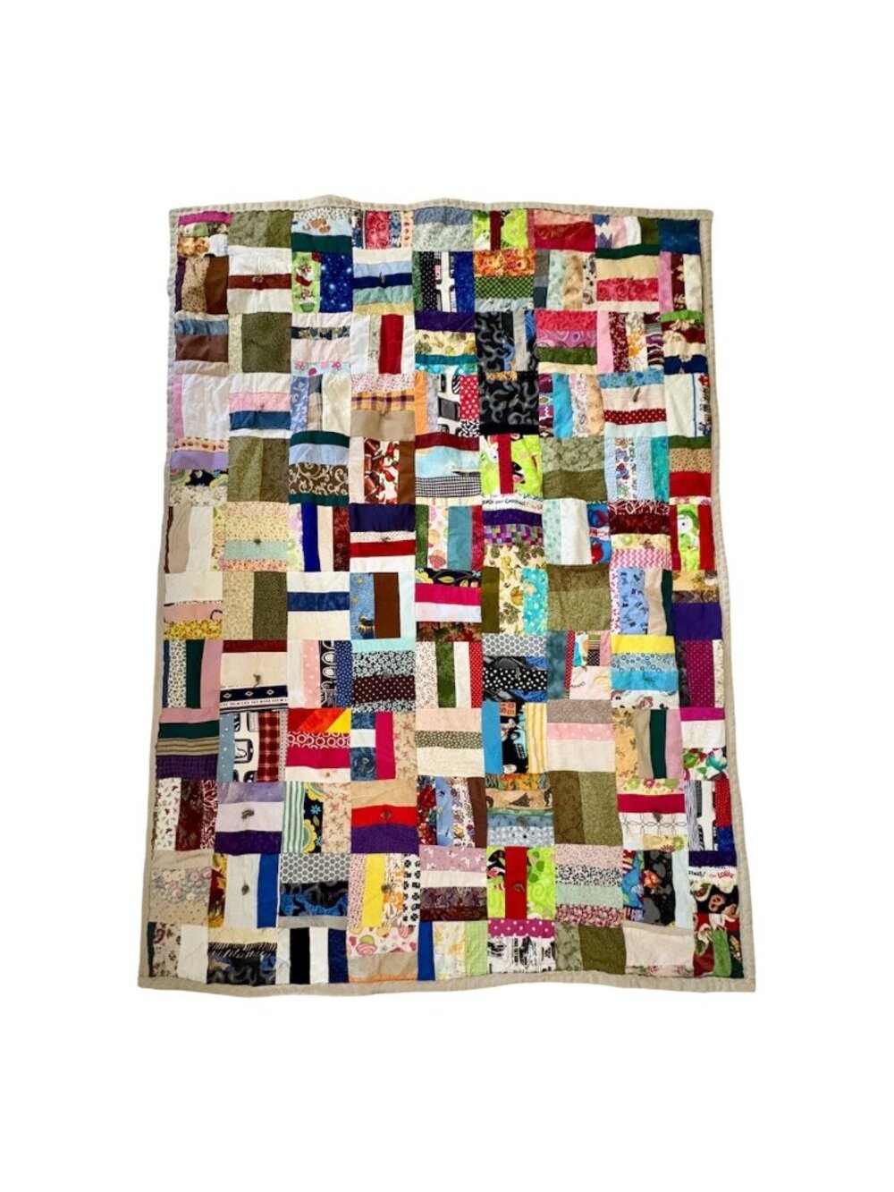 Vintage Handmade Hand Tied Scrappy Patchwork Quilt 64x46 Colorful Folk Art